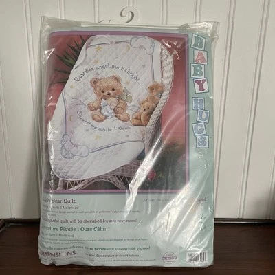 Vtg Baby Hugs Quilt Stamped Cross Stitch Kit Crib Blanket Guardian Angel Bear - Image 1 of 4