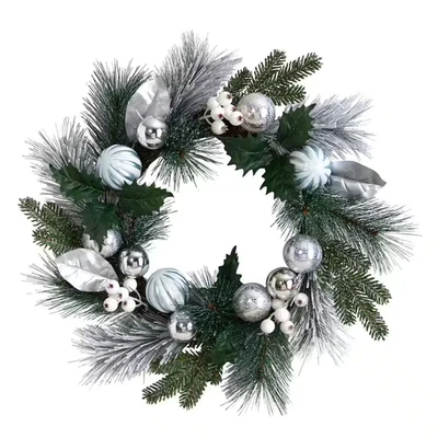 24 In. Unlit Pinecones and Berries Artificial Christmas Wreath with Silver Ornam - Image 1 of 4