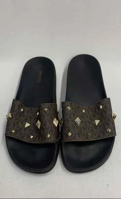 Sandalias Michael Kors Marrón Estampado Logo Dorado Tachonado Slide para Mujer Talla 9 Foto 1 de 4