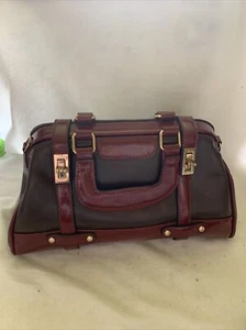 Melie Bianco Satchel Two Handle Bag Turn Locks Two Toned Burgundy Brown - Picture 1 of 13