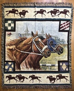 Horse Race Tapestry Throw Blanket Churchill Downs Derby Equestrian Cotton 50x60 - Picture 1 of 14