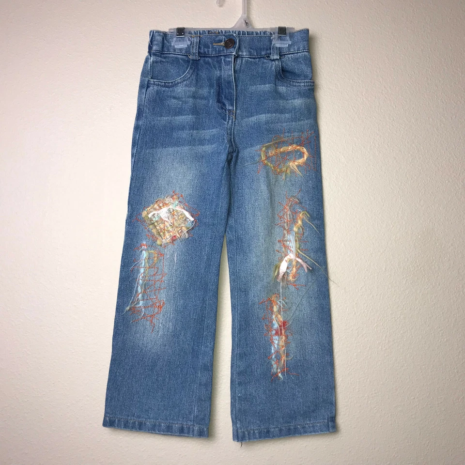 复古 Little Mass 蓝色牛仔裤 Cottage Core 磨损装饰装饰 4 码 — 第 1/4 张图片