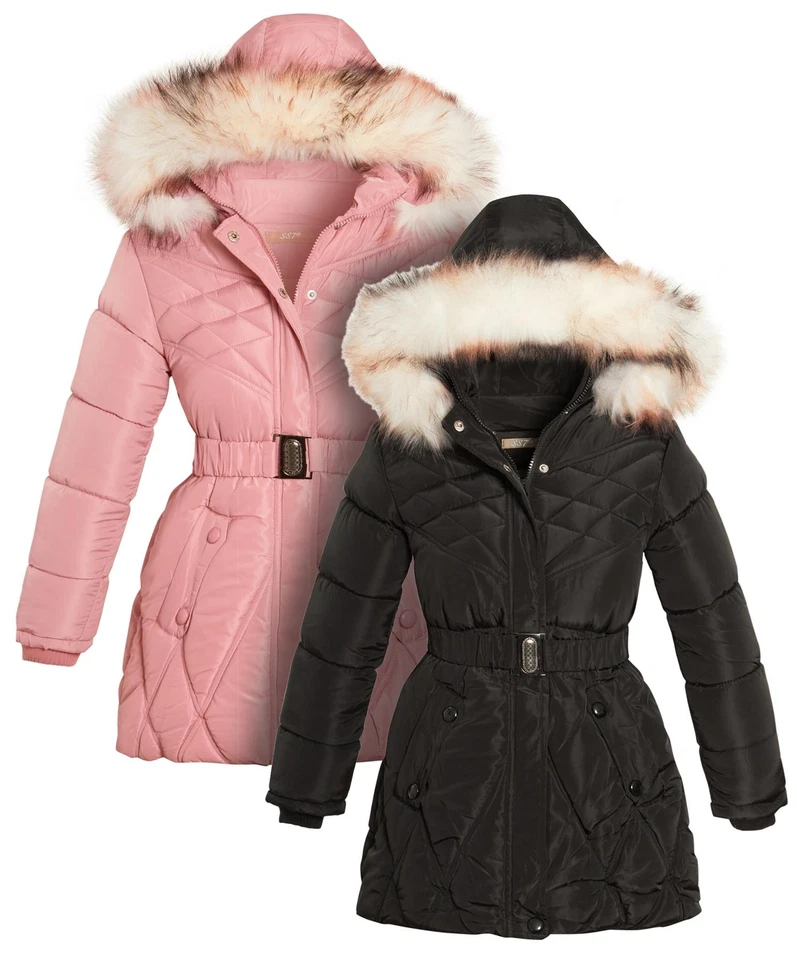 SHOWSTOPPERS Girls Quilted Jacket Padded Coat Black Faux Fur Pink Age 10 9 8 13 7 11 4 Years