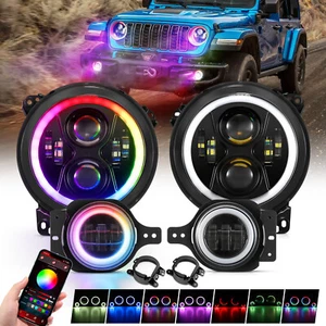 9" RGB Round LED Headlight +4" Fog Light For Jeep Wrangler JL 2018+ Gladiator JT - Picture 1 of 12