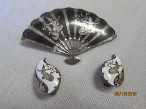 Vintage Siam Sterling Silver Fan Brooch with Clip Earrings Set Demi Parure OOAK - Bild 1 von 3