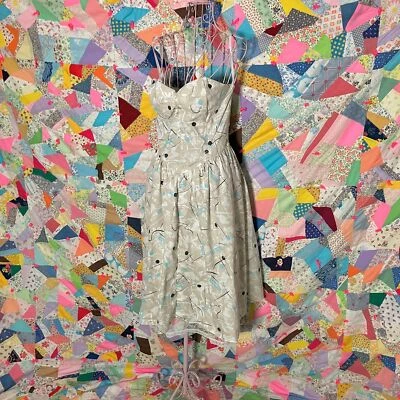 Vestido de algodón estampado abstracto vintage años 80 Nicki's Girl sin tirantes encaje deshuesado |25" Foto 1 de 4