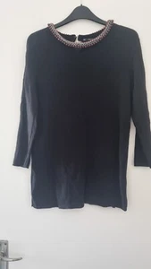 Zara Black Jumper Top Sweater Chain Beaded Embellished Collar Fine Knit L LARGE - Picture 1 of 11