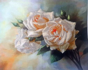 Finished Unframed Cross Stitch 5D Picture White Roses Flowers Gift - Picture 1 of 4