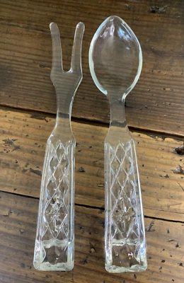 Vtg Glass Anchor Hocking Salad Spoon Fork Serving Set Wexford Clear Embossed - Image 1 of 4