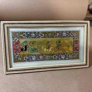"Pintura de escena de caza persa de colección sobre hueso de camello en marco con incrustaciones de Khatam 8,5""" - Imagen 1 de 5