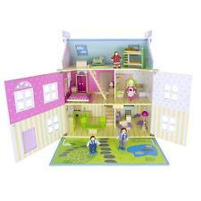 LEOMARK BLUE WOODEN DOLL HOUSE THREE STOREY WITH FURNITURE + DOLLS KIDS