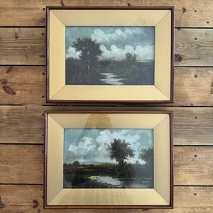 Par de pinturas al óleo vintage de paisaje enmarcadas firmadas - Imagen 1 de 12