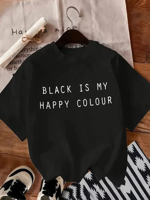 Женская футболка BLACK IS MY HAPPY COLOR повседневная с коротким рукавом вырез лодочкой футболка - Изображение 1 из 4