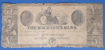 $5 Five The Mechanics Bank - Augusta Georgia Obsolete Currency Bank Note - Image 1 of 4