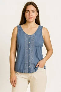 Northern Reflections Women’s Chambray Button Front Tank Small Floral Embroidered - Foto 1 di 8