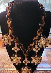 Vintage J Crew Faux Tortoise Shell Chain Floral Gold Tone Statement Necklace - Picture 1 of 7