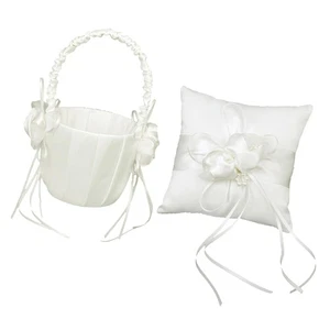 1 Set Bearer Pillow And Wedding Flower Girl Basket Set Pearl Rhinestones - Picture 1 of 7
