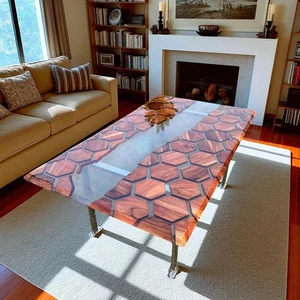 Mesa de comedor hexagonal epoxi transparente sofá de madera de acacia centro de mesa arte moderno decoración - Imagen 1 de 11