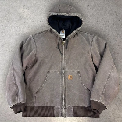 Vtg Y2K Carhartt J130 CHT Fleece Lined Full Zip Hooded Jacket Faded Brown Large - Image 1 of 4