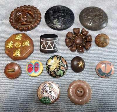 14 Vintage Wood Buttons PEOPLE DOGS HORSE OBJECTS - Image 1 of 4
