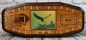 Handmade Wooden Cribbage Board Bald Eagle Inlay Art 3-Track Game w/ Pegs 18” - Picture 1 of 9