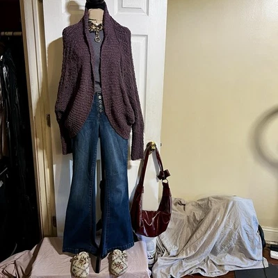 Cárdigan Anthropologie Moth Wms Berenjena Algodón Boho Grueso Tejido Abierto Cocoon L Foto 1 de 4