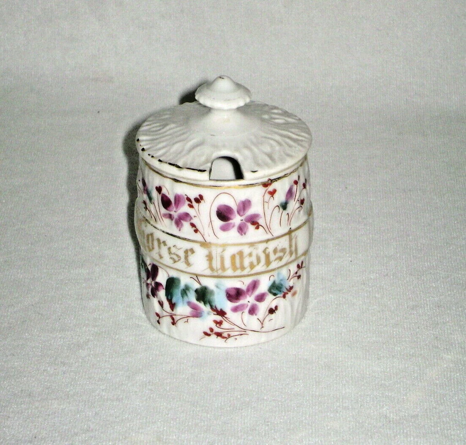 Antique Victorian Era Porcelain Horseradish Jar Purple Violet Flowers - Image 1 of 4