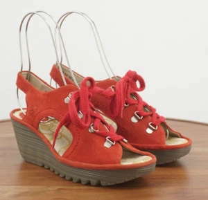 Sandalias Fly London para mujer Ylfa tacón de cuña con cordones cuero rojo punta abierta 37/6,5 - Imagen 1 de 9