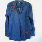 Sonoma Chambray Shirt MEDIUM Bust 44" Floral Embroidered Long Roll Tab Sleeves