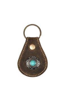 Myra Bag Hand Tooled Antique Leather Key Fob Key Chain With Turquoise Stone  NWT
