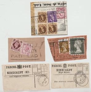 1902/72 2 DIFF KIRKCALDY USED PARCEL POST LABELS & 3 SUB OFFICE PARCEL PIECES - Picture 1 of 1