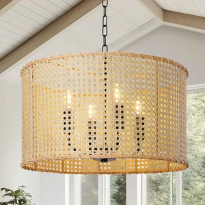 4-Lights Boho Large Rattan Farmhouse Chandelier Rustic Pendant Light Fixtures - Picture 1 of 11