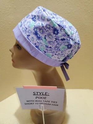 Daisies (purple/green) Pixie Skull Women's Surgical Scrub Hat/Cap Handmade - Image 1 of 4