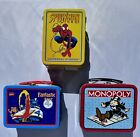 3 boîtes à lunch vintage nouveauté métal/étain (Monopoly + Quatre Fantastiques + Spider-Man)