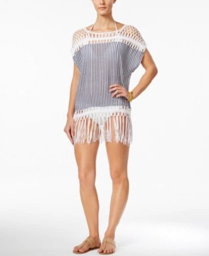 Steve Madden Summer Stripe Crochet Poncho Navy One Size Swim Cover up A11