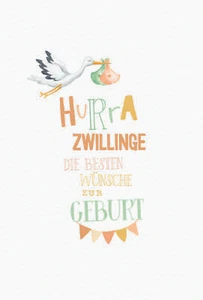 Geburt Zwillinge Baby Freudiges Ereignis Karte mit Umschlag Storch mit Beutel Hu - Bild 1 von 1