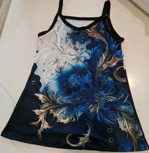TANK TOP schwarz blau gold weiß ausgefallen Fraktal Fantasy Blumen Kunst Damen M GEBRAUCHT - Bild 1 von 2