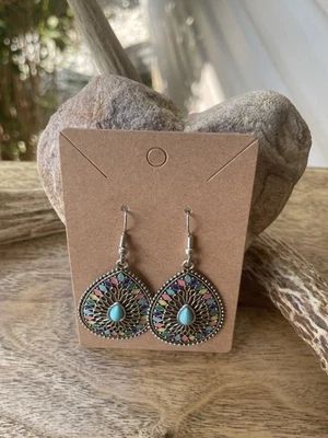 Lágrima BoHo Colorido Mosaico Pendientes Gancho Tono Plateado País Suroeste Foto 1 de 4