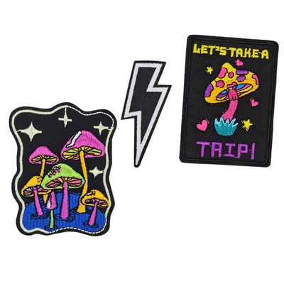 3 Retro Iron-On Embroidered Patches, Psychedelic Mushrooms, Lightning Bolt, Trip - Image 1 of 4