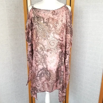 Mascara Paris 100% Silk Caftan Blouse One Size Pink Paisley Cold Shoulder - Image 1 of 4