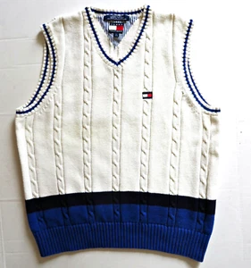 Tommy Hilfiger Boy Knit Cable White Blue Stripe V-neck Cotton Vest Sweater Sz L - Picture 1 of 9