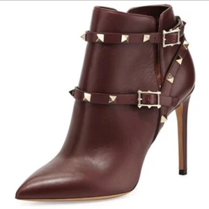 Valentino Rockstud pointy toe harness ankle boot in wine calfskin leather IT 36 - Picture 1 of 24