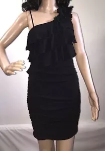 NWT Bodycon Dress Medium Solid Black Chiffon Flower Ruffle Short Single Shoulder - Picture 1 of 10