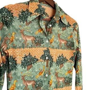 Camicia vintage anni 70 poliestere con bottoni XS animali foresta stampa natura cervo top - Foto 1 di 3