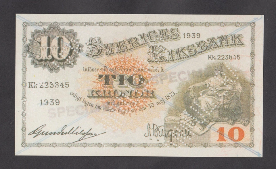 🔴SUECIA 10 coronas 1939 UNC *ESPECIMEN* REPRODUCCIÓN🔴 Foto 1 de 1