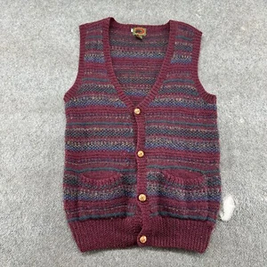 VINTAGE Boston Traders Vest Mens L Red Cardigan Pure Wool Striped Grandpa 90s - Picture 1 of 7