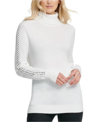 Suéter DKNY Diamantes de Imitación-Adornado de Cuello-Caffs Cuello Alto Blanco Talla M Nuevo con Etiquetas Foto 1 de 3