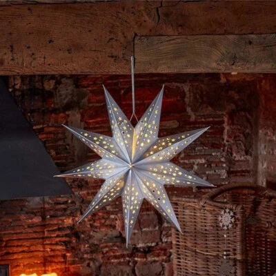 MARCO PAUL Christmas LED Star Decoration Hanging Light Up Origami Silver Large Timer Xmas