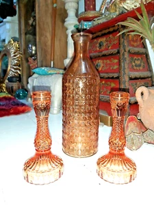 SET OF "THREE" AMBER COLOURED GLASS CANDLE HOLDERS WITH MATCHING BUBBLED VASE - Picture 1 of 12