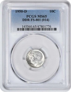 1950-D Roosevelt Silver Dime DDR FS-801 MS65 PCGS - Picture 1 of 2